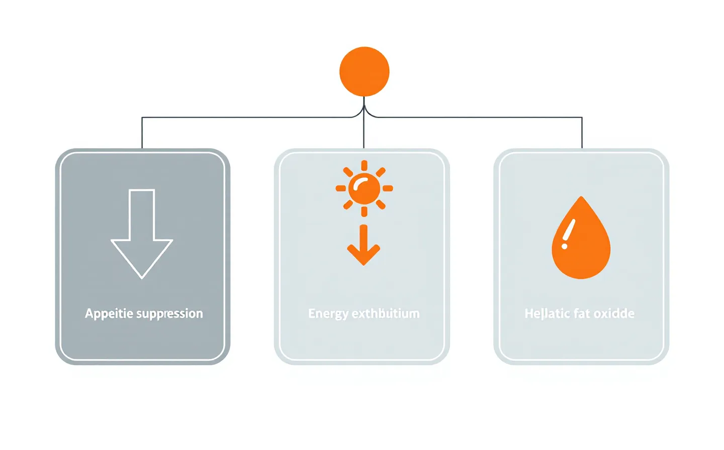 Flat schematic of one orange agonist node connecting to three pathway panels: appetite, energy expenditure, fat oxidation