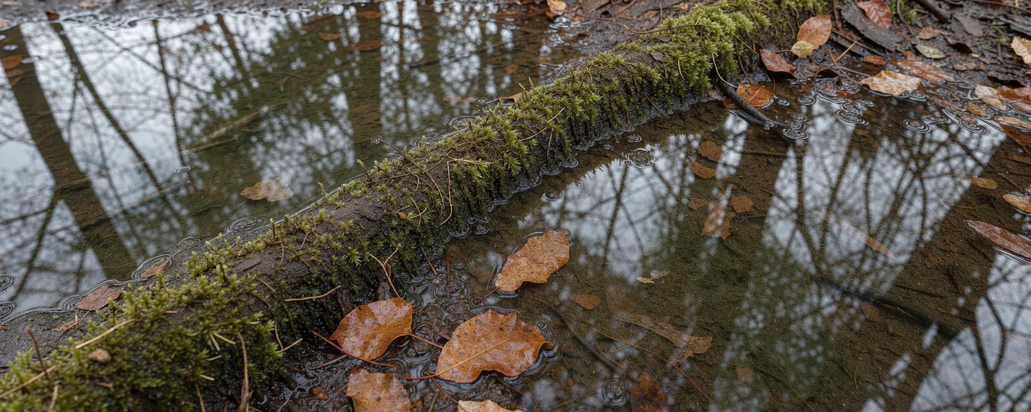 A moss-covered branch lies across woodland puddle water and wet copper leaves.